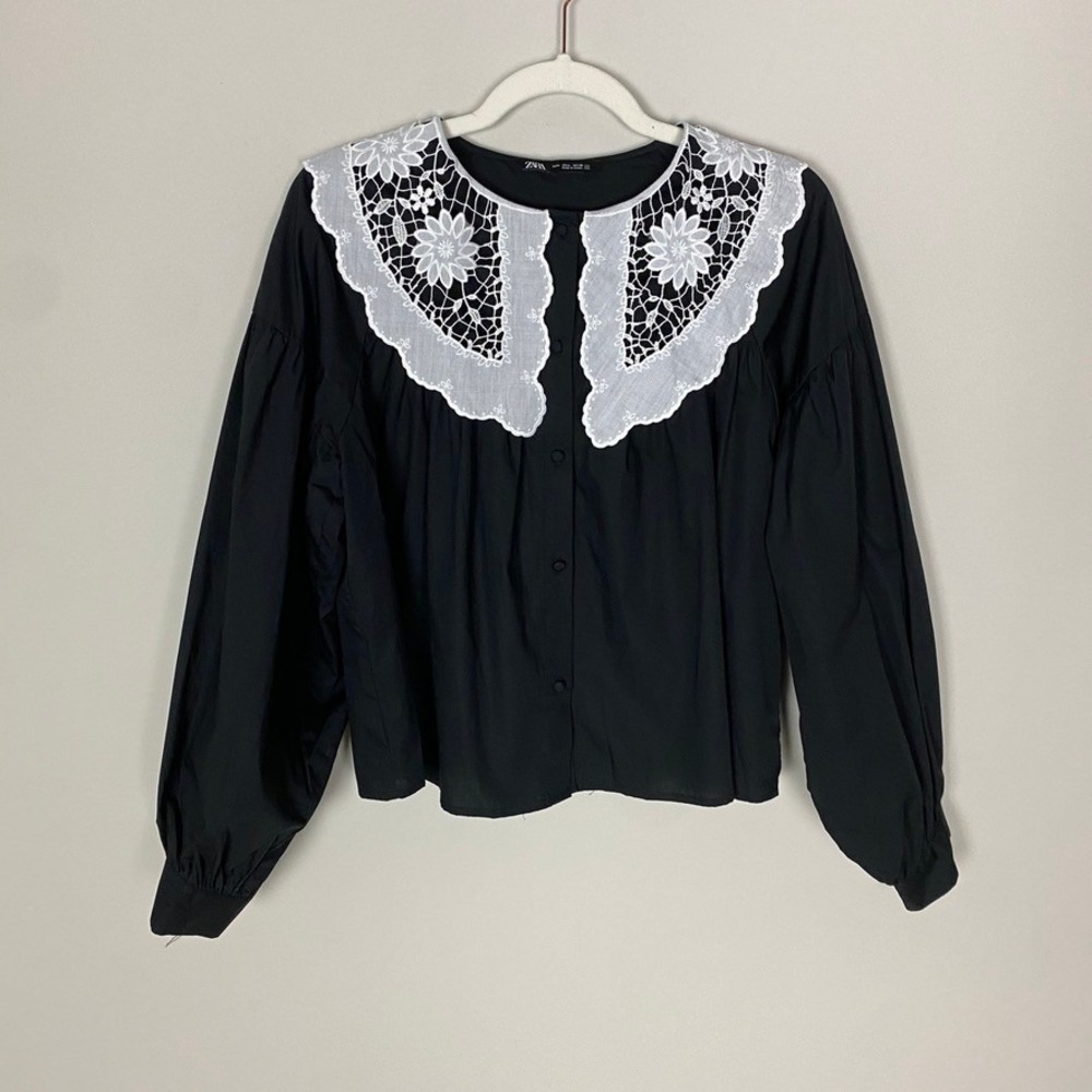 Zara Black Blouse with White Lace Collar